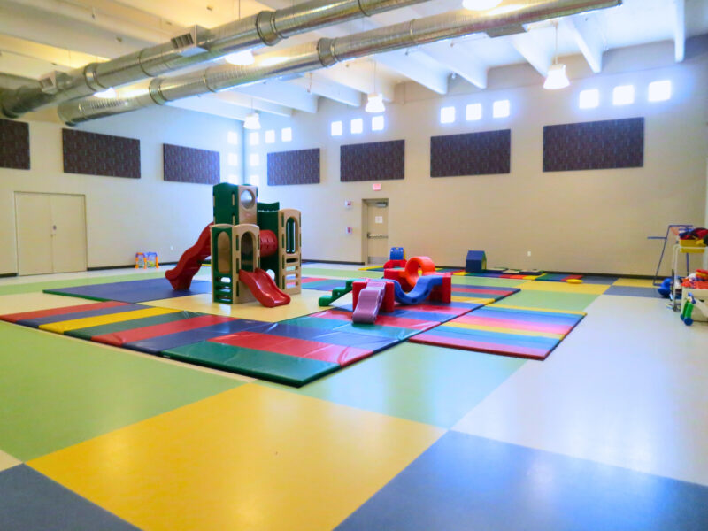 Large, colorful indoor gym with play equipment.